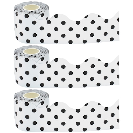 Black Polka Dots On White Scalloped Rolled Border, 50 Ft/Roll, PK3